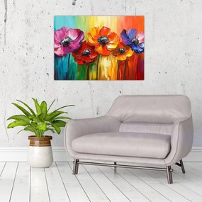 Tablou pe sticlă - Cinci flori colorate (70x50 cm)