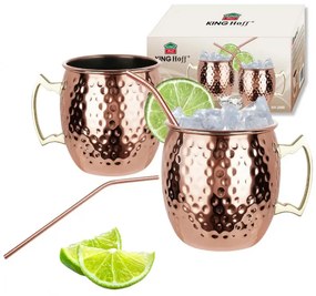 Set de pahare pentru Moscow Mule Kinghoff KH 2000, 2 buc, 500ml, 2 paie, oțel inoxidabil, cupru
