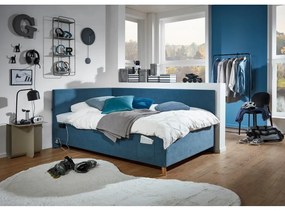 Pat pentru copii albastru pe colț tapițat cu spațiu de depozitare cu somieră 120x200 cm Cool – Meise Möbel