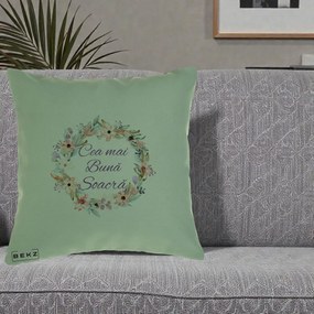 Cadou pentru Soacra - Perna Personalizata Cea mai Buna Soacra cu Coronita Flori Boho Pastel, 40x40 cm, Verde, Husa Detasabila, Perna Inclusa, BEKZ®