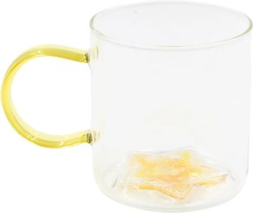 Cană cu model 3D steluță galbenă, pereți dubli, sticlă borosilicată și inserție de sclipici, 300 ml, Aurora Glow