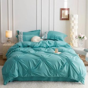 Lenjerie de pat uni cu pliuri si broderie, bumbac tip finet, 6 piese, pat 2 persoane, turquoise, FNJS-56