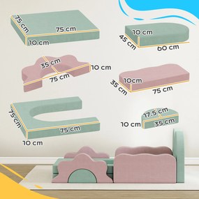 AIYAPLAY Set de 12 piese blocuri din spumă pentru cățărat, construit, târâre, saltele de joacă pentru interior cu husă din cord, Verde+Roz | Aosom Romania