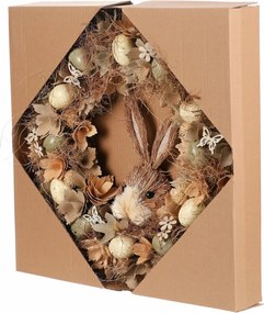 Coroană de Paște Iepure maro cu flori și ouă,diametru 45 cm, 45 x 45 x 9 cm