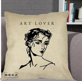 Perna Decorativa Art Lover Portret Grafic, 40x40 cm, Crem, Husa Detasabila, Perna Inclusa, BEKZ®