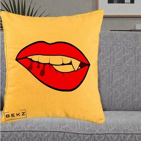 Perna Decorativa Vampire Lips Halloween, 40x40 cm, Galben, Husa Detasabila, Perna Inclusa, BEKZ®