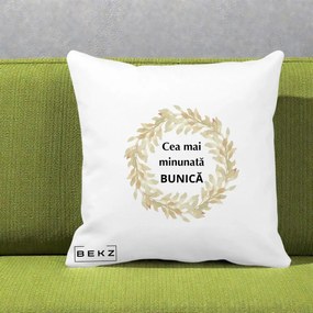 Cadou pentru Bunica - Perna Personalizata Cea Mai Minunata Bunica Coronita Frunze Acuarela, 40x40 cm, Alba Mata, Husa Detasabila, Perna Inclusa, BEKZ®