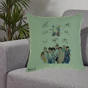 Perna Personalizata K-pop BTS Autografe Toti Membrii Fotografie, 40x40 cm, Verde, Husa Detasabila, Perna Inclusa, BEKZ®