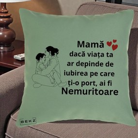 Cadou pentru Mama - Perna Personalizata Mama Nemuritoare Kawaii, 40x40 cm, Verde, Husa Detasabila, Perna Inclusa, BEKZ®