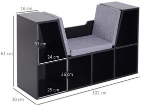 HOMCOM Bibliotecă cu Banc 2 în 1 Design Contemporan 6 Compartimente 3 Perne Incluse 102L x 30l x 61H cm Negru Gri | Aosom Romania