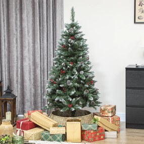HOMCOM Brad de Crăciun Înnzăpezit Înalt de 150 cm cu 398 Ramuri, Brad Artificial de Interior cu Conuri și Boabe Roșii Decorative, Bază Metalică, Verde | Aosom Romania