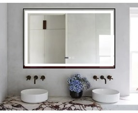 Oglindă Baie LED și Dezaburire Elit's Premium cu Senzor Touch, Lumina Rece, Caldă și Neutră, 100x65cm, cu rama Negru Antichizat, Ceas