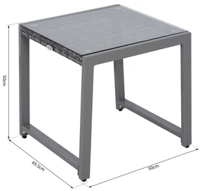Outsunny Masă de Cafea pentru Terasă și Grădină cu Cadru din Aluminiu și Ratan PE, Suprafață Acoperită cu Sticlă, 50x50x50cm, Gri | Aosom Romania