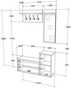 Cuier Cairo, Stejar Alb/Antracit, 113 x 35 x 198 cm