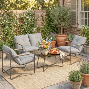 Set de Grădină Outsunny cu Canapea, 2 Fotolii și Măsuță cu Blat din Sticlă, Mobilier de Exterior cu Perne Groase, Gri Deschis | Aosom Romania