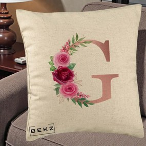 Cadou Personalizat - Perna Personalizata Monograma Rose Gold Litera G, 40x40 cm, Bej, Husa Detasabila, Perna Inclusa, BEKZ®