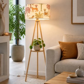 Lampă de podea cu trepied din lemn cu abajur multicolor cu imprimeu animalier 50cm - Lou
