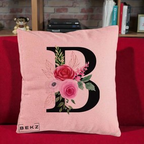 Cadou Personalizat - Perna Personalizata Monograma Florala Litera B, 40x40 cm, Roz, Husa Detasabila, Perna Inclusa, BEKZ®