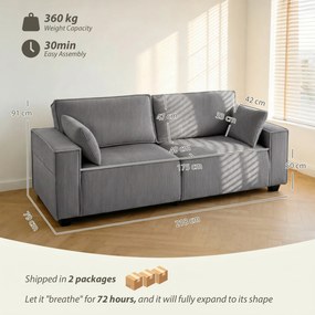 HOMCOM Canapea 3 locuri 218 cm, canapea modernă côtelată cu tapițerie cu arcuri în buzunar, brațe late și 2 perne, gri deschis | Aosom Romania