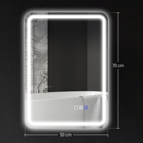 HOMCOM Oglindă de Baie Bluetooth LED 50 x 70 cm cu Anticeață - Argintiu | Aosom Romania