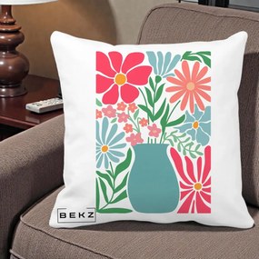 Perna Decorativa Flori in Vaza Turcoaz, 40x40 cm, Alba Mata, Husa Detasabila, Perna Inclusa, BEKZ®