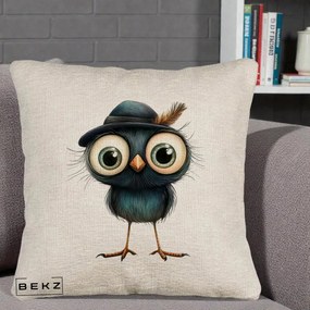 Perna Decorativa Pui Misterios cu Palarie Neagra, 40x40 cm, Bej Canapea, Husa Detasabila, Perna Inclusa, BEKZ®