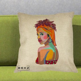 Perna Decorativa Portret Femeie Colorat Pop Art, 40x40 cm, Crem, Husa Detasabila, Perna Inclusa, BEKZ®