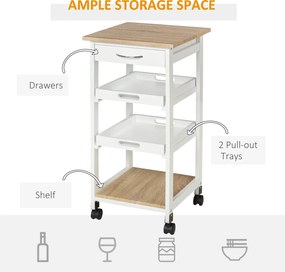 HOMCOM Căruț de servire căruță de bucătărie pe roți 2 tavane detașabile, sertar, raft stejar deschis lemn de pin alb | Aosom Romania