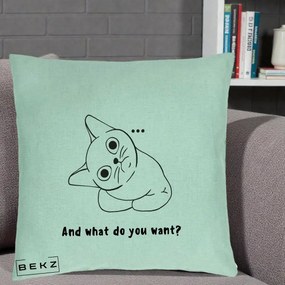 Perna Decorativa And What Do You Want Cat, 40x40 cm, Verde Menta, Husa Detasabila, Perna Inclusa, BEKZ®