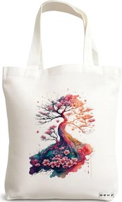 Sacosa de Panza pentru Cumparaturi, Geanta Tote, model Watercolor Garden, 38 x 34.5 cm, Alba, BEKZ®