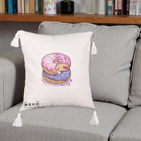 Perna Decorativa Donuts Roz si Mov, 40x40 cm, Bej cu Franjuri, Husa Detasabila, Perna Inclusa, BEKZ®