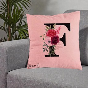 Cadou Personalizat - Perna Personalizata Monograma Florala Litera F, 40x40 cm, Roz, Husa Detasabila, Perna Inclusa, BEKZ®