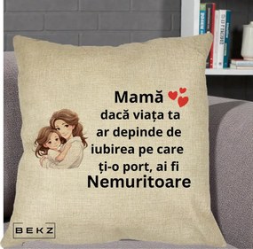 Cadou pentru Mama - Perna Personalizata Mama Nemuritoare cu Balon Inima, 40x40 cm, Crem, Husa Detasabila, Perna Inclusa, BEKZ®