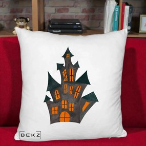 Perna Decorativa Halloween Casa Bantuita Minimalista, 40x40 cm, Alb Pufos, Husa Detasabila, Perna Inclusa, BEKZ®