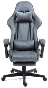 Scaun gaming, masaj în perna lombară, suport picioare, catifea, Gri