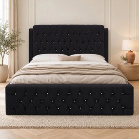 Pat tapițat Chesterfield din catifea Aveline Deluxe 140×200 cm, negru, cu ladă de depozitare