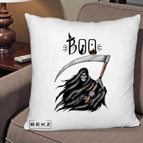 Perna Decorativa Halloween Boo Grim Reaper cu Coasa, 40x40 cm, Alb Pufos, Husa Detasabila, Perna Inclusa, BEKZ®