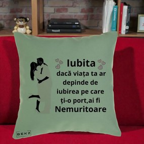 Cadou pentru Iubita - Perna Personalizata Iubita Nemuritoare cu Siluete de Cuplu, 40x40 cm, Verde, Husa Detasabila, Perna Inclusa, BEKZ®