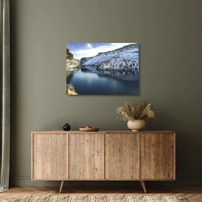 Tablou pe sticlă - peisaj de iarnă cu lac (70x50 cm)