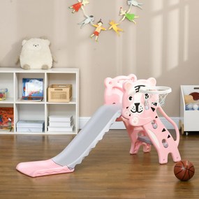 AIYAPLAY Tobogan pentru Copii 18-36 Luni cu Coș de Baschet Lateral și Tobogan din Plastic, 133x60x70 cm, Roz | Aosom Romania