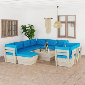 Set mobilier gradina din paleti cu perne, 10 piese, lemn molid Albastru deschis, 5x colt + 3x mijloc + masa + suport pentru picioare, 1