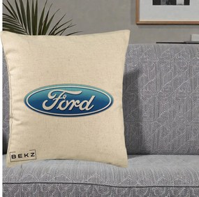 Perna Personalizata cu emblema Ford, 40x40 cm, Bej, Husa Detasabila, Perna Inclusa, BEKZ®