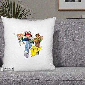 Perna Personalizata Pokemon Ash Misty Brock si Pikachu, 40x40 cm, Alb Pufos, Husa Detasabila, Perna Inclusa, BEKZ®