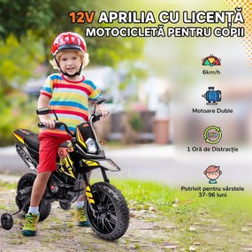 AIYAPLAY Motocicletă Electrică pentru Copii 3-8 Ani, 2 Motoare 12V, Roți Ajutătoare Detașabile, 30 kg, Galben | Aosom Romania