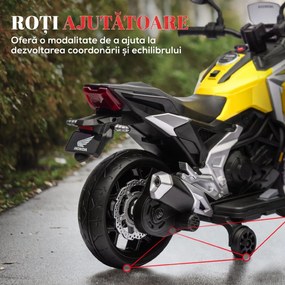 AIYAPLAY Motocicletă Electrică Copii, Licențiată Honda, Faruri Roți Antrenament, Galbenă | Aosom Romania