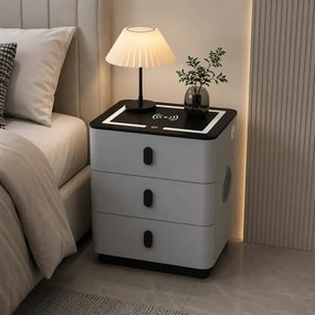 RESIGILAT- Noptieră inteligentă multifuncțională, 3 sertare, LED-uri tactile, 3 tipuri de culoare, încărcare fără fir, Difuzor Bluetooth, incarcare USB, sticla securizata, Gri