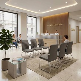 Scaun vizitator gri OFF 833 din piele ecologică și cadru cromat cu brațe