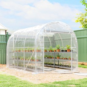 Outsunny Seră de Grădină Tip Tunel 2x3x2 m cu 2 Uși Rulabile, Seră pentru Legume, Flori și Fructe, cu 4 Bare Diagonale, Cadru din Oțel și Acoperiș PE, Transparentă | Aosom Romania