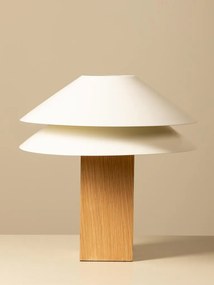 Lampă de masă din bumbac bej cu structură din furnir de stejar și metal cromat, abajur dublu, finisaj natural, 50×35 cm, „Doppia"