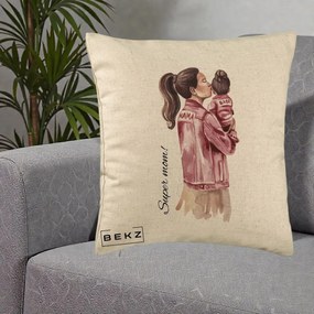 Cadou pentru Mama - Perna Personalizata Super Mom Jachete Roz, 40x40 cm, Bej, Husa Detasabila, Perna Inclusa, BEKZ®
